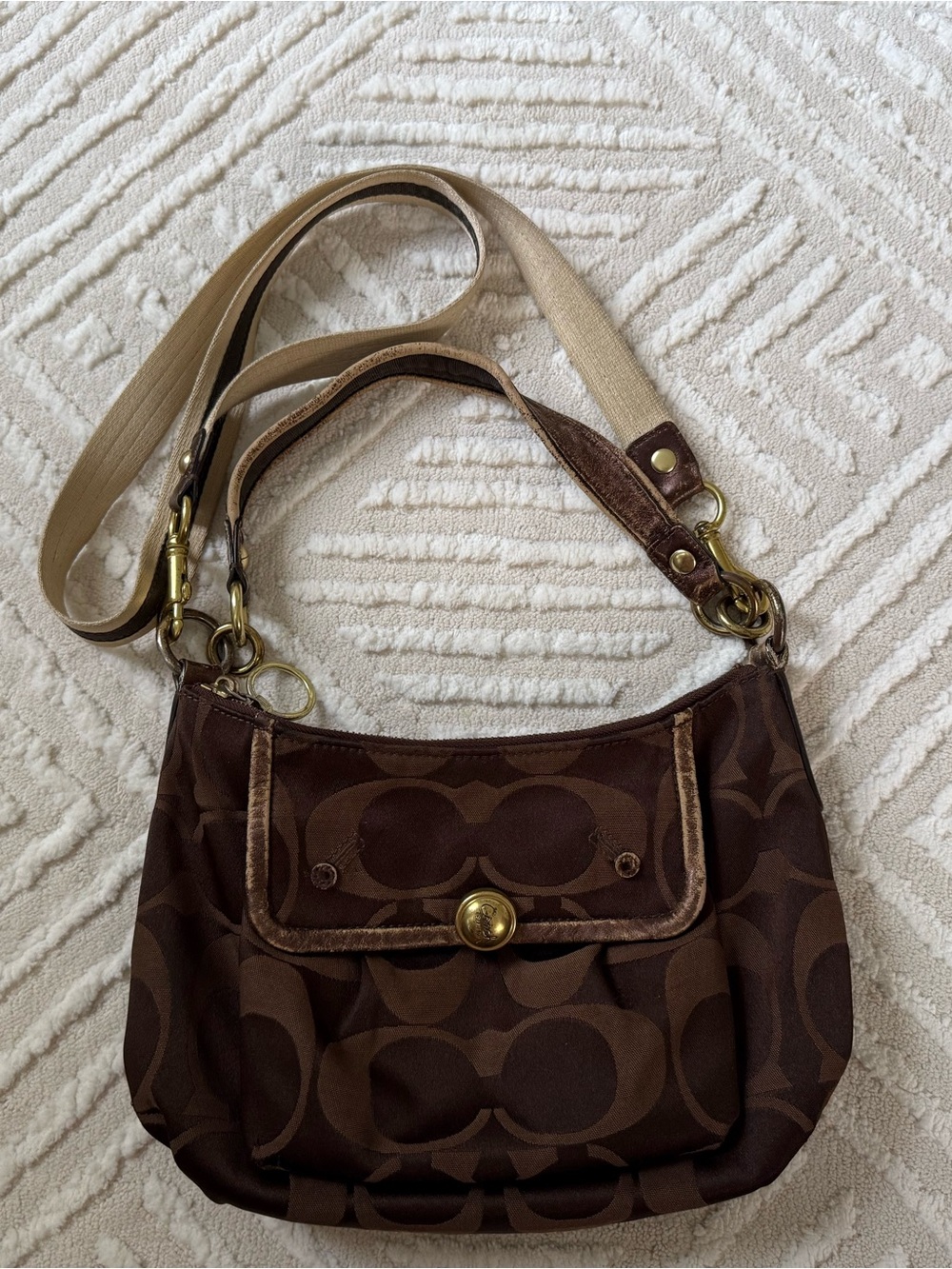 Vintage Y2K Coach Brown Signature Monogram Shoulder Bag with Beige Strap